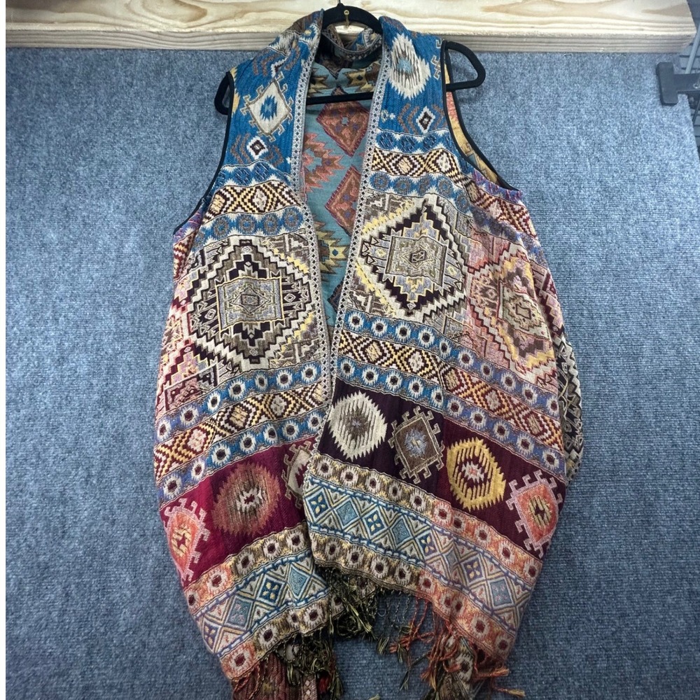 Bohemian Southwestern Tapestry Fringe Vest Multi Color Geometric Open Front